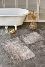 2'li Set Ekru - Krem Zeminde Örme Motifli Yöresel Desenli Eskitme Motifli Geometrik  2'li Banyo & Mutfak Paspas Takımı Realhomes