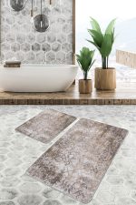 2'li Set Ekru - Krem Zeminde Örme Motifli Yöresel Desenli Eskitme Motifli Geometrik  2'li Banyo & Mutfak Paspas Takımı Realhomes