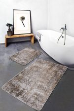 2'li Set Ekru - Krem Zeminde Örme Motifli Yöresel Desenli Eskitme Motifli Geometrik  2'li Banyo & Mutfak Paspas Takımı Realhomes