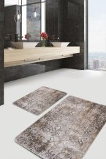 2'li Set Ekru - Krem Zeminde Örme Motifli Yöresel Desenli Eskitme Motifli Geometrik  2'li Banyo & Mutfak Paspas Takımı Realhomes