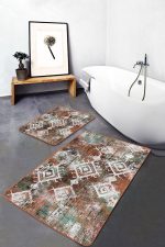 - PaspasTakimi-2li-Set1282-Gorsel-1 - Realhomes 2'li Set Yeşil - Kremit Zeminde Etnik Motifli Kilim Desenli Eskitme Motifli Etnik Motifler 2'li Banyo & Mutfak Paspas Takımı Realhomes