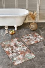 - Realhomes - Realhomes 2'li Set Yeşil - Kremit Zeminde Etnik Motifli Kilim Desenli Eskitme Motifli Etnik Motifler 2'li Banyo & Mutfak Paspas Takımı Realhomes