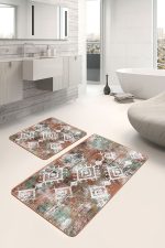 - PaspasTakimi-2li-Set1282-Gorsel-5 - Realhomes 2'li Set Yeşil - Kremit Zeminde Etnik Motifli Kilim Desenli Eskitme Motifli Etnik Motifler 2'li Banyo & Mutfak Paspas Takımı Realhomes