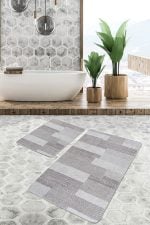 - PaspasTakimi-2li-Set1283-Gorsel-1 - Realhomes  2'li Set Gri Zeminde Dokuma Halı Motifli Çizgili Desenli Sade & Şık Klasik  2'li Banyo & Mutfak Paspas Takımı Realhomes