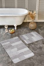 - Realhomes - Realhomes  2'li Set Gri Zeminde Dokuma Halı Motifli Çizgili Desenli Sade & Şık Klasik  2'li Banyo & Mutfak Paspas Takımı Realhomes