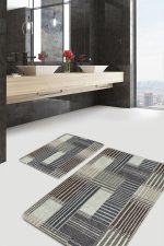 2'li Set Kahverengi - Krem Zeminde Patchwork Motifli Örme Desenli Klasik Sade & Şık  2'li Banyo & Mutfak Paspas Takımı Realhomes