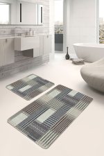 2'li Set Kahverengi - Krem Zeminde Patchwork Motifli Örme Desenli Klasik Sade & Şık  2'li Banyo & Mutfak Paspas Takımı Realhomes