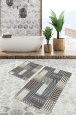 2'li Set Kahverengi - Krem Zeminde Patchwork Motifli Örme Desenli Klasik Sade & Şık  2'li Banyo & Mutfak Paspas Takımı Realhomes