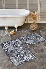 - Realhomes - Realhomes  2'li Set Lacivert Zeminde Patchwork Motifli Post Desenli Klasik Sade & Şık  2'li Banyo & Mutfak Paspas Takımı Realhomes