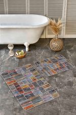 - Realhomes - Realhomes 2'li Set Eskitme Zeminde Patchwork Motifli Geleneksel Desenli Vintage Klasik 2'li Banyo & Mutfak Paspas Takımı Realhomes