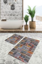 - PaspasTakimi-2li-Set1287-Gorsel-2 - Realhomes 2'li Set Eskitme Zeminde Patchwork Motifli Geleneksel Desenli Vintage Klasik 2'li Banyo & Mutfak Paspas Takımı Realhomes