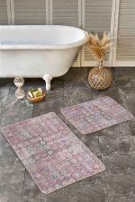 - Realhomes - Realhomes 2'li Set Eskitme Zeminde Dokuma Motifli Kilim Desenli Vintage Eskitme Motifli 2'li Banyo & Mutfak Paspas Takımı Realhomes