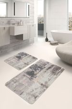 2'li Set Füme - Ekru Zeminde Dokuma Motifli Eskitme Desenli Eskitme Motifli Modern  2'li Banyo & Mutfak Paspas Takımı Realhomes