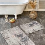 2'li Set Siyah - Kremit Zeminde Etnik Motifli Eskitme Desenli Geometrik Eskitme Motifli  2'li Banyo & Mutfak Paspas Takımı Realhomes