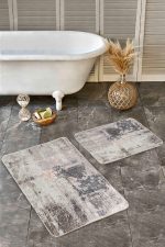 2'li Set Füme - Ekru Zeminde Dokuma Motifli Eskitme Desenli Eskitme Motifli Modern  2'li Banyo & Mutfak Paspas Takımı Realhomes