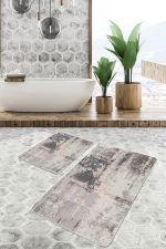 2'li Set Füme - Ekru Zeminde Dokuma Motifli Eskitme Desenli Eskitme Motifli Modern  2'li Banyo & Mutfak Paspas Takımı Realhomes