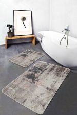 2'li Set Füme - Ekru Zeminde Dokuma Motifli Eskitme Desenli Eskitme Motifli Modern  2'li Banyo & Mutfak Paspas Takımı Realhomes