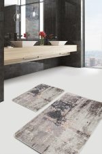 2'li Set Füme - Ekru Zeminde Dokuma Motifli Eskitme Desenli Eskitme Motifli Modern  2'li Banyo & Mutfak Paspas Takımı Realhomes