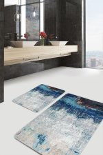 - PaspasTakimi-2li-Set1294-Gorsel-1 - Realhomes 2'li Set Lacivert - Gri Zeminde Kanvas Motifli Boyama Desenli Modern Eskitme Motifli 2'li Banyo & Mutfak Paspas Takımı Realhomes