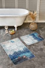 - Realhomes - Realhomes 2'li Set Lacivert - Gri Zeminde Kanvas Motifli Boyama Desenli Modern Eskitme Motifli 2'li Banyo & Mutfak Paspas Takımı Realhomes