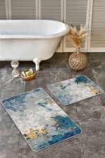 - Realhomes - Realhomes 2'li Set Lacivert - Gri Zeminde Fırça Darbeleri Motifli Eskitme Desenli Eskitme Motifli Klasik 2'li Banyo & Mutfak Paspas Takımı Realhomes