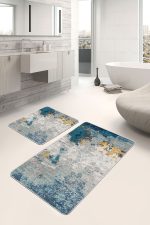 - PaspasTakimi-2li-Set1295-Gorsel-5 - Realhomes 2'li Set Lacivert - Gri Zeminde Fırça Darbeleri Motifli Eskitme Desenli Eskitme Motifli Klasik 2'li Banyo & Mutfak Paspas Takımı Realhomes