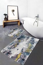 2'li Set Gri - Sarı Zeminde Modern Sanat Motifli Boya Desenli Modern Eskitme Motifli  2'li Banyo & Mutfak Paspas Takımı Realhomes