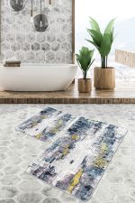 2'li Set Gri - Sarı Zeminde Modern Sanat Motifli Boya Desenli Modern Eskitme Motifli  2'li Banyo & Mutfak Paspas Takımı Realhomes