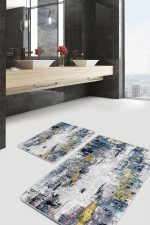 2'li Set Gri - Sarı Zeminde Modern Sanat Motifli Boya Desenli Modern Eskitme Motifli  2'li Banyo & Mutfak Paspas Takımı Realhomes