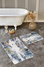 2'li Set Gri - Sarı Zeminde Modern Sanat Motifli Boya Desenli Modern Eskitme Motifli  2'li Banyo & Mutfak Paspas Takımı Realhomes