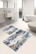 2'li Set Gri - Sarı Zeminde Modern Sanat Motifli Boya Desenli Modern Eskitme Motifli  2'li Banyo & Mutfak Paspas Takımı Realhomes