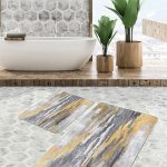 2'li Set Mavi - Beyaz Zeminde Eskitme Motifli Dokuma Halı Desenli Eskitme Motifli Modern  2'li Banyo & Mutfak Paspas Takımı Realhomes