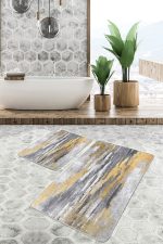 - PaspasTakimi-2li-Set1297-Gorsel - Realhomes 2'li Set Altın - Füme Zeminde Kanvas Motifli Modern Sanat Desenli Eskitme Motifli Klasik 2'li Banyo & Mutfak Paspas Takımı Realhomes