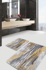 - PaspasTakimi-2li-Set1297-Gorsel-2 - Realhomes 2'li Set Altın - Füme Zeminde Kanvas Motifli Modern Sanat Desenli Eskitme Motifli Klasik 2'li Banyo & Mutfak Paspas Takımı Realhomes