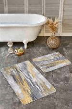 - Realhomes - Realhomes 2'li Set Altın - Füme Zeminde Kanvas Motifli Modern Sanat Desenli Eskitme Motifli Klasik 2'li Banyo & Mutfak Paspas Takımı Realhomes