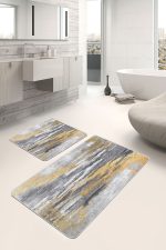 - PaspasTakimi-2li-Set1297-Gorsel-5 - Realhomes 2'li Set Altın - Füme Zeminde Kanvas Motifli Modern Sanat Desenli Eskitme Motifli Klasik 2'li Banyo & Mutfak Paspas Takımı Realhomes