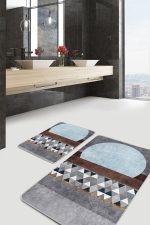 2'li Set Mavi - Kahverengi Zeminde Geometrik Motifli Kanvas Desenli Geometrik Klasik  2'li Banyo & Mutfak Paspas Takımı Realhomes