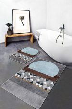 2'li Set Mavi - Kahverengi Zeminde Geometrik Motifli Kanvas Desenli Geometrik Klasik  2'li Banyo & Mutfak Paspas Takımı Realhomes