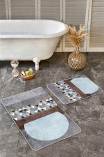 2'li Set Mavi - Kahverengi Zeminde Geometrik Motifli Kanvas Desenli Geometrik Klasik  2'li Banyo & Mutfak Paspas Takımı Realhomes
