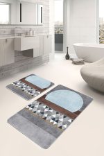 2'li Set Mavi - Kahverengi Zeminde Geometrik Motifli Kanvas Desenli Geometrik Klasik  2'li Banyo & Mutfak Paspas Takımı Realhomes