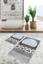 2'li Set Mavi - Kahverengi Zeminde Geometrik Motifli Kanvas Desenli Geometrik Klasik  2'li Banyo & Mutfak Paspas Takımı Realhomes