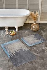 2'li Set Altın - Gri Zeminde Eskitme Motifli Geometrik Desenli Eskitme Motifli Geometrik  2'li Banyo & Mutfak Paspas Takımı Realhomes