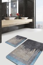 2'li Set Altın - Gri Zeminde Eskitme Motifli Geometrik Desenli Eskitme Motifli Geometrik  2'li Banyo & Mutfak Paspas Takımı Realhomes