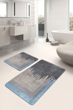 2'li Set Altın - Gri Zeminde Eskitme Motifli Geometrik Desenli Eskitme Motifli Geometrik  2'li Banyo & Mutfak Paspas Takımı Realhomes