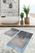 2'li Set Altın - Gri Zeminde Eskitme Motifli Geometrik Desenli Eskitme Motifli Geometrik  2'li Banyo & Mutfak Paspas Takımı Realhomes