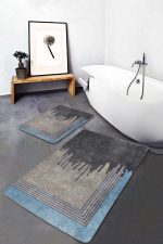 2'li Set Altın - Gri Zeminde Eskitme Motifli Geometrik Desenli Eskitme Motifli Geometrik  2'li Banyo & Mutfak Paspas Takımı Realhomes