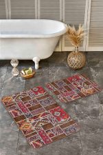 - Realhomes - Realhomes 2'li Set Kırmızı Zeminde Patchwork Motifli Etnik Desenli Etnik Motifler Vintage 2'li Banyo & Mutfak Paspas Takımı Realhomes