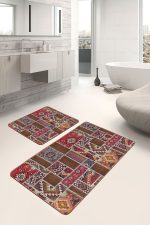 - PaspasTakimi-2li-Set1301-Gorsel-2 - Realhomes 2'li Set Kırmızı Zeminde Patchwork Motifli Etnik Desenli Etnik Motifler Vintage 2'li Banyo & Mutfak Paspas Takımı Realhomes