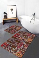 - PaspasTakimi-2li-Set1301-Gorsel-5 - Realhomes 2'li Set Kırmızı Zeminde Patchwork Motifli Etnik Desenli Etnik Motifler Vintage 2'li Banyo & Mutfak Paspas Takımı Realhomes