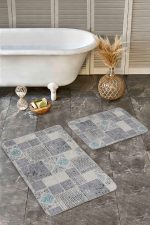 - Realhomes - Realhomes 2'li Set Gri - Bej Zeminde Patchwork Motifli Kazayağı Desenli Eskitme Motifli Vintage 2'li Banyo & Mutfak Paspas Takımı Realhomes